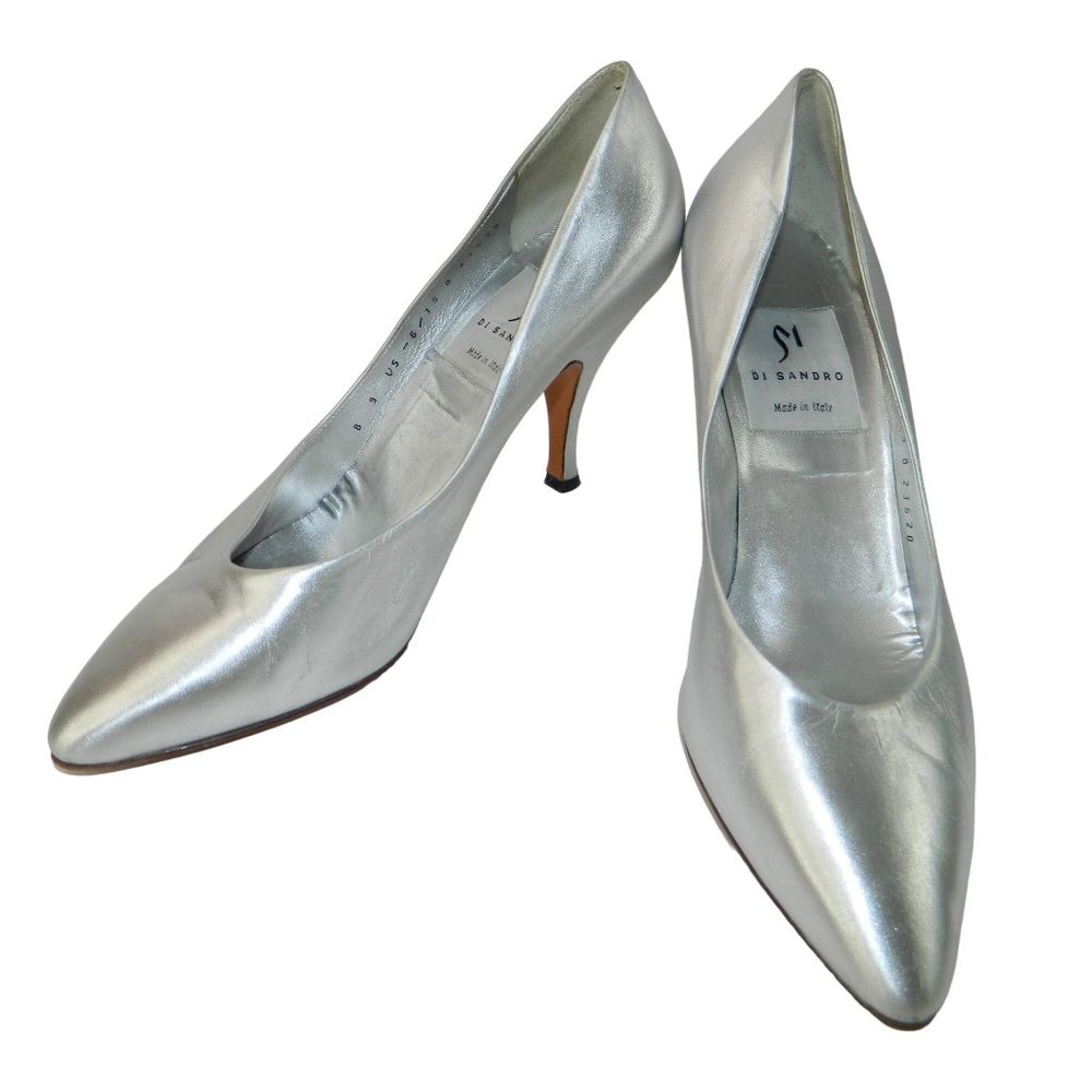 Di Sandro Metallic Silver Pumps Size 9 Shoes 3.5 Heel Italy Leather Metallic